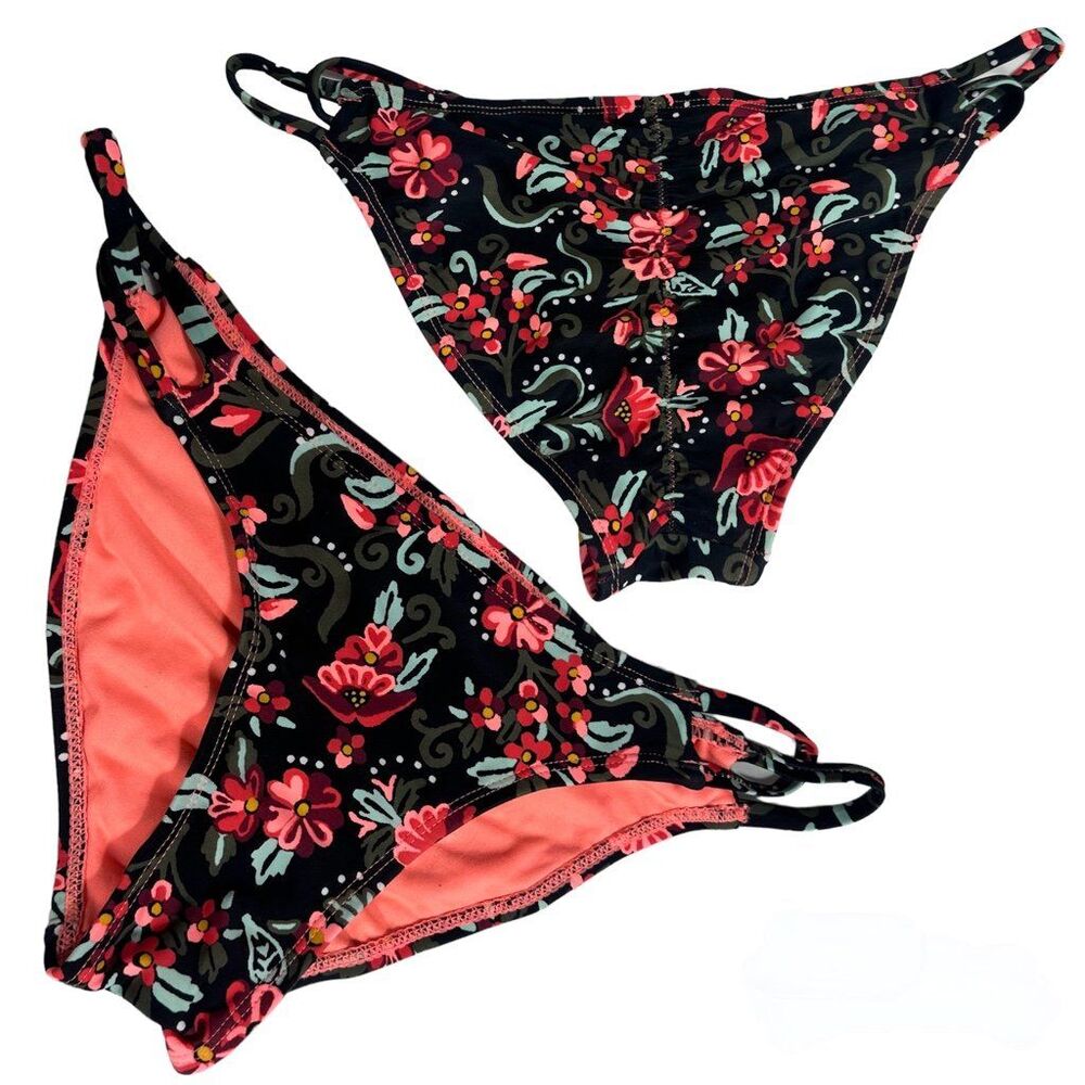 Xhilaration Swim Bikini Bottom Sz Small Ruched Black Multicolor Floral Tropical